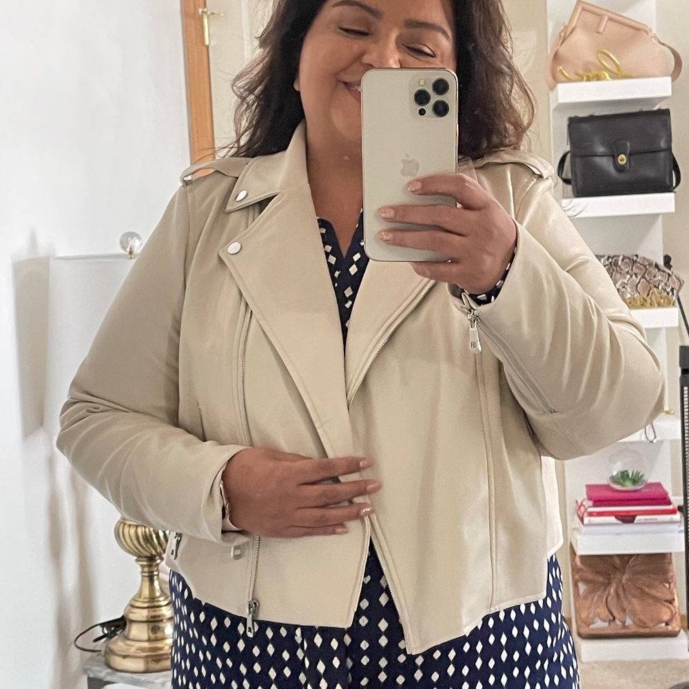 Eloquii faux leather moto jacket in bone